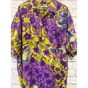 Tommy Bahama 100% Silk Short Sleeve Button Up Women's Top Purple Floral XXL